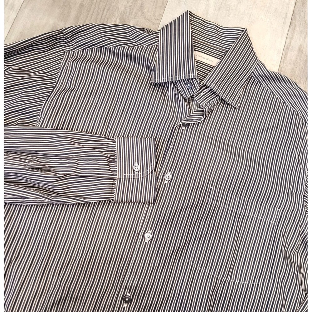 Ermenegildo Zegna Striped Long Sleeve Button Dress Shirt Men L Black Brown Italy